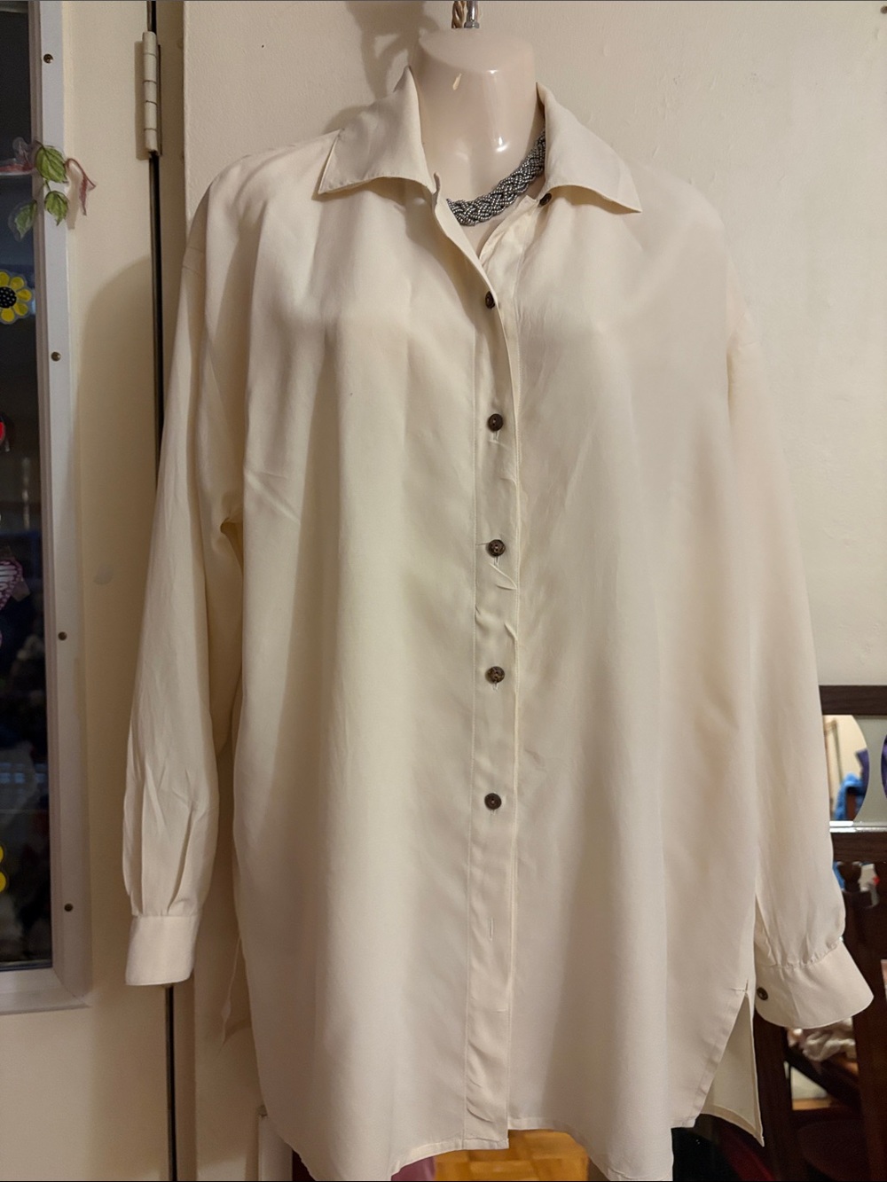 Relaxed Ivory Button-Down Blouse - Women's Oversized Shirt. 100. Silk